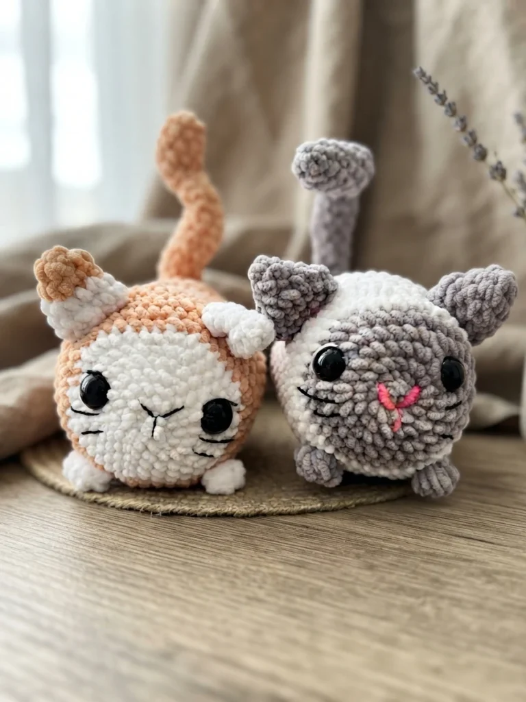 Two plush crocheted cats, one white and orange and one gray, sit side by side.