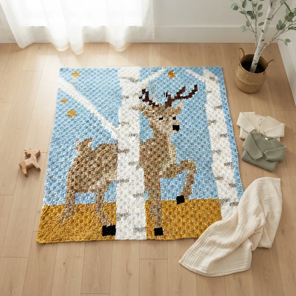 Finished crocheted blanket with two brown deer among white tree trunks on a blue background with a golden lower border, arranged on a wooden floor.