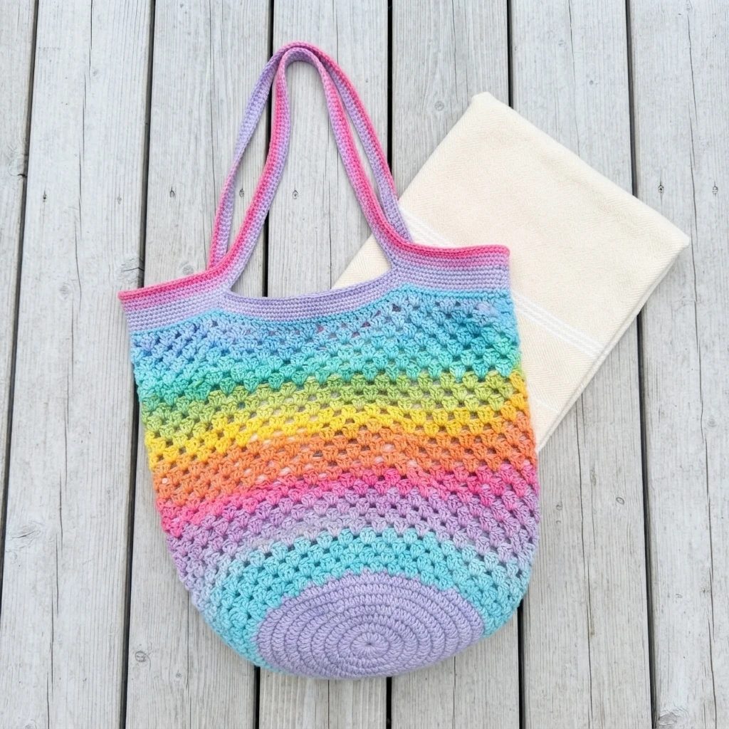 Rainbow granny stitch crochet tote bag with long straps lying flat on light wooden planks next to a folded cream towel