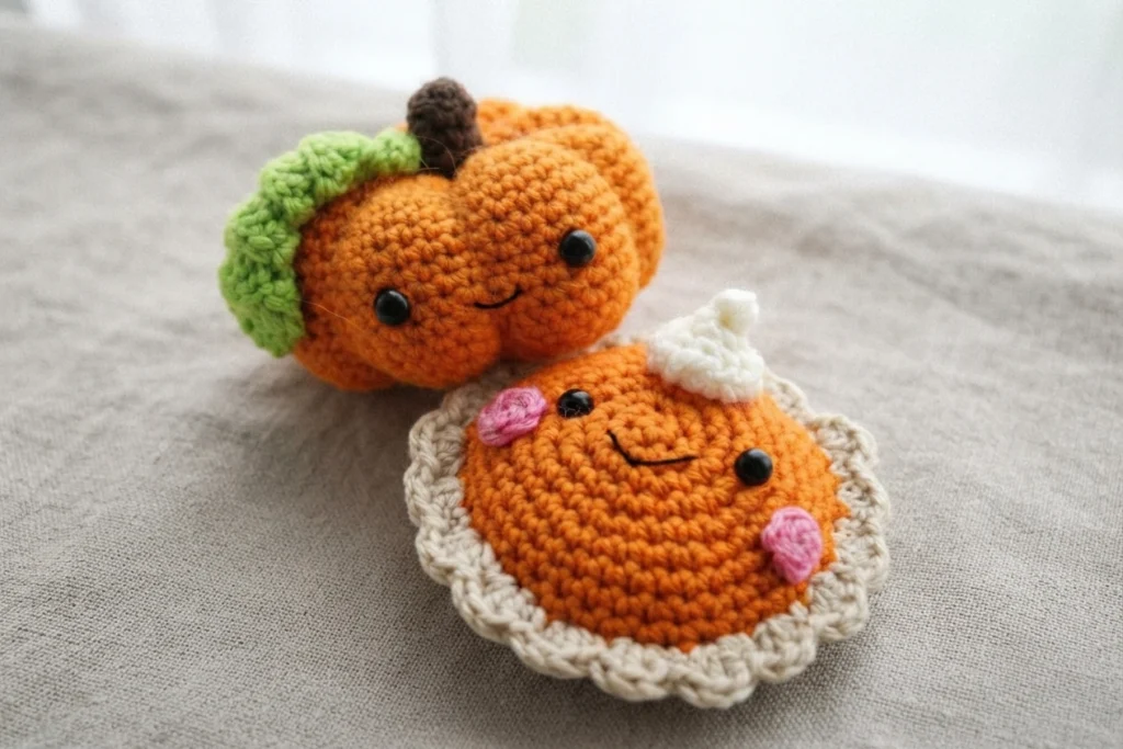 Two crochet amigurumi on a light linen surface: an orange pumpkin with a green leaf and brown stem and a stitched smile, next to a pumpkin pie with a scalloped tan crust, pink cheeks, black safety eyes, a stitched smile and a white whipped
