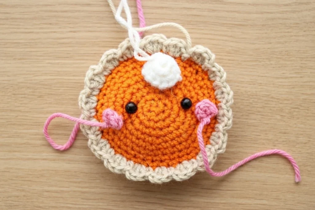 Crocheted amigurumi pumpkin pie top with an orange face, tan scalloped crust, two black bead eyes, pink cheek circles, a white whipped cream swirl on top, and loose pink and white yarn tails, shown on a light wood surface.