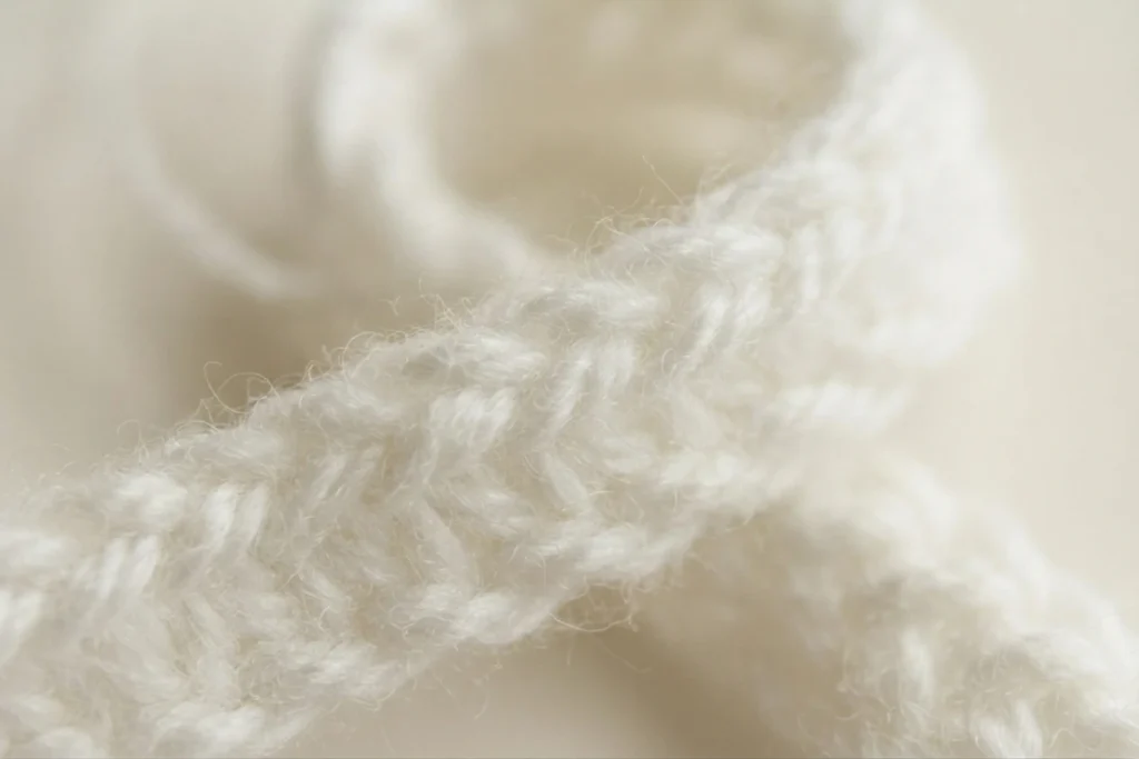 Close-up of a small white crocheted strip of yarn in soft focus