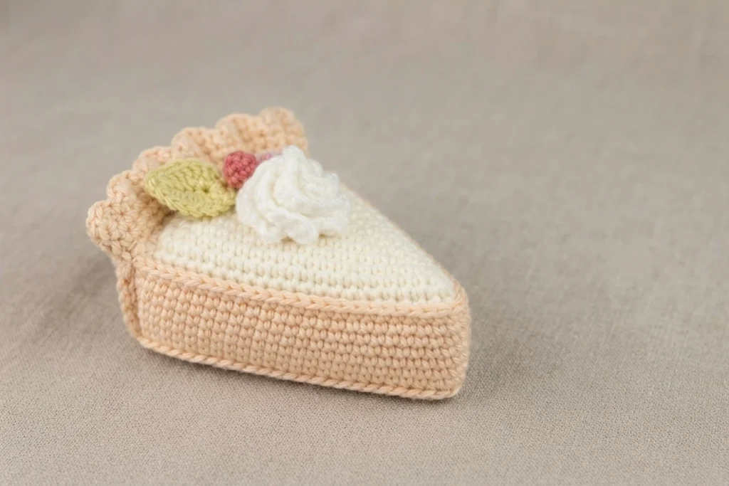 Crocheted amigurumi slice of pumpkin pie with a whipped cream swirl, a small green leaf and a red berry on top, resting on a beige fabric surface