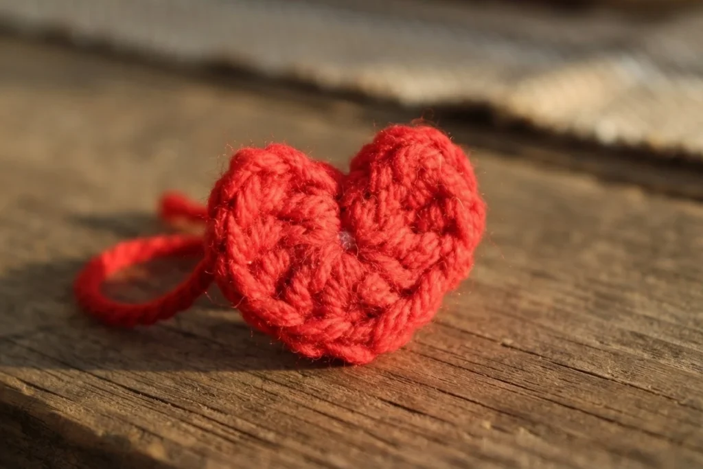 Small red crocheted heart with a short yarn tail, photographed on a weathered wooden surface in warm light.