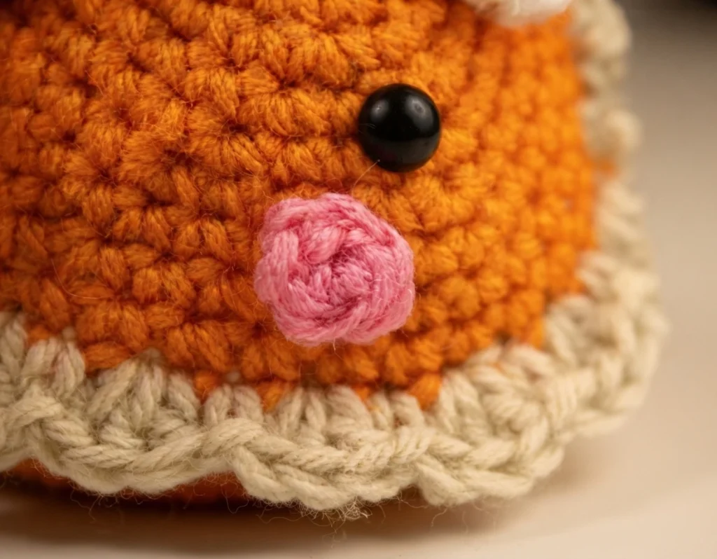 Close-up of a crocheted pumpkin pie amigurumi face with orange stitches, a black safety eye, a pink round cheek and a tan crust edge with raised stitches.
