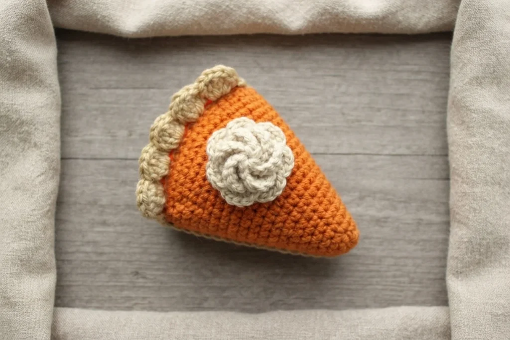 Crocheted amigurumi slice of pumpkin pie in orange with a tan scalloped crust along the back edge and a white swirled whipped cream topper, resting on a light wood surface framed by beige fabric.