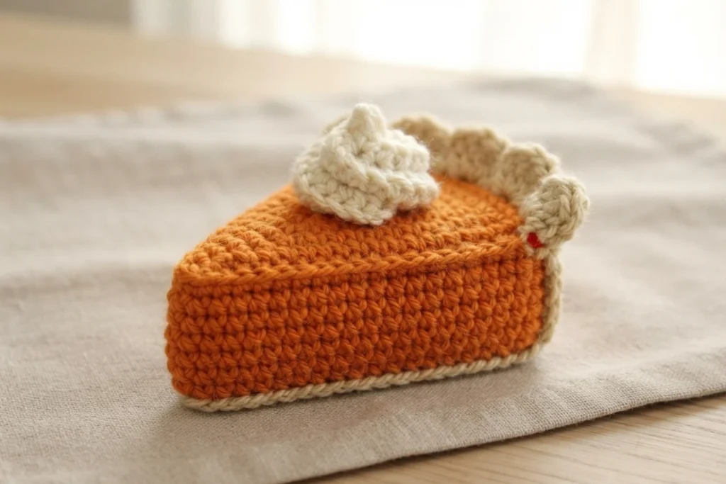 Crocheted amigurumi slice of pumpkin pie in orange yarn with a tan crust, topped with a small white whipped cream swirl and a tiny red heart at the crust edge, resting on a light linen cloth.