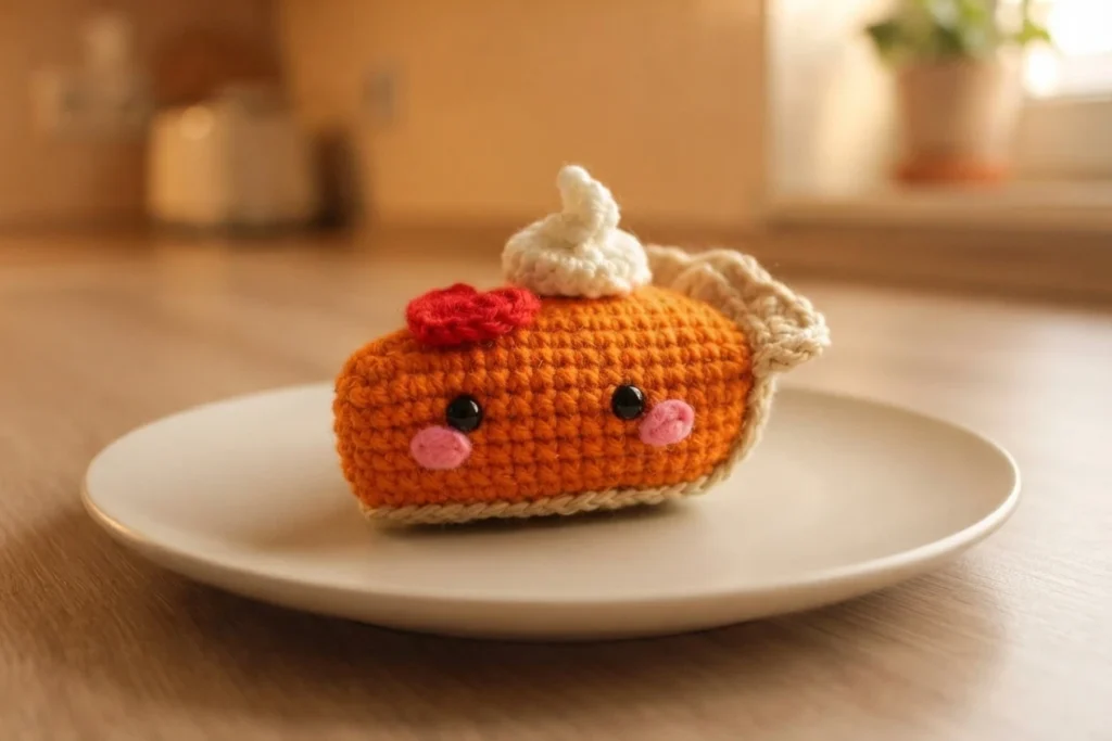 Crocheted amigurumi pumpkin pie with a tan crust, orange filling, black safety eyes, pink cheeks, a swirl of white whipped cream and a small red heart, sitting on a white plate on a wooden table.