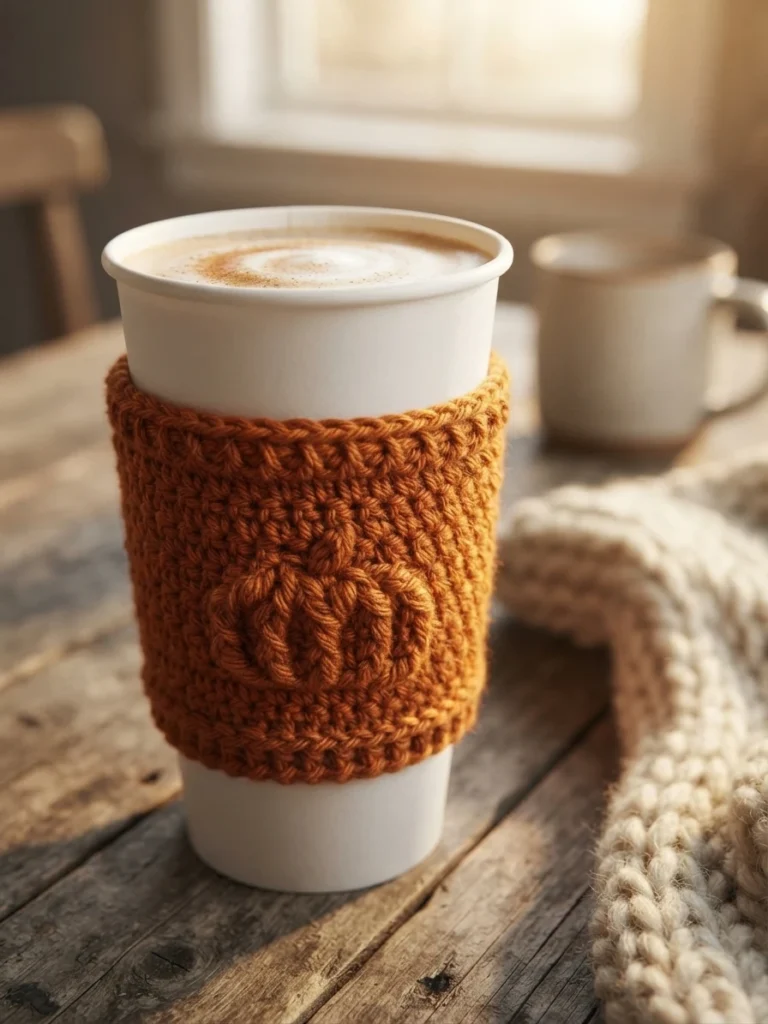 Crocheted orange cotton cup cozy with a raised pumpkin motif, worn on a white paper cup of latte on a rustic wooden table, with a cream knitted blanket and a mug softly blurred in the background