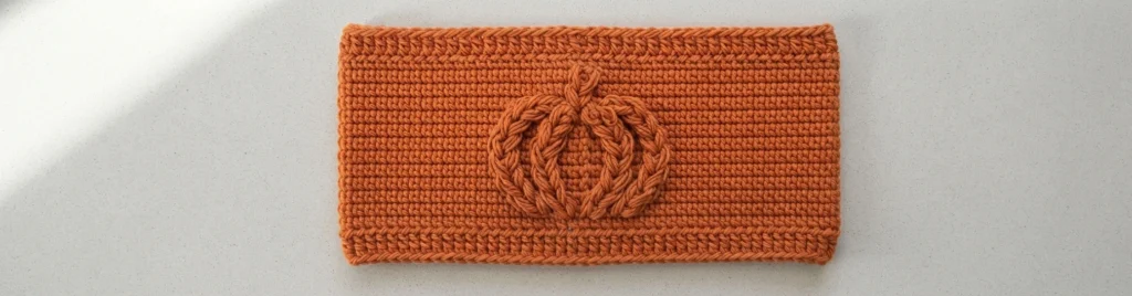Flat rectangular orange crochet panel with a raised pumpkin motif in the center, photographed on a pale speckled surface.