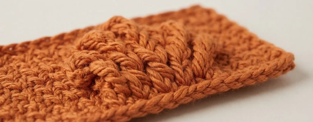 Close-up of an orange crocheted fabric swatch with a raised textured stitch motif in the center and a chain edge along the bottom, photographed at an angle on a light background.