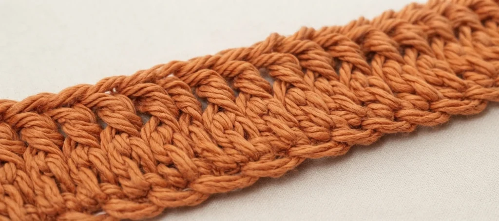 Close-up of orange cotton crochet fabric showing a row of front post double crochet stitches with raised vertical posts, photographed at a slight diagonal on a light beige background.