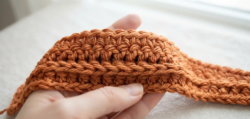 A hand holding a folded length of rust orange cotton crochet fabric with a textured front post stitch pattern, photographed over a light neutral surface.