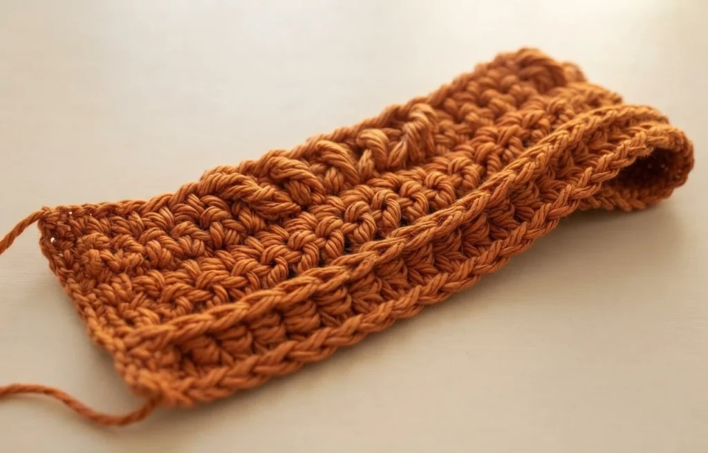 Flat rectangular crocheted panel in rust orange cotton with rows of textured post stitches and single crochet, lying on a light neutral surface with two loose yarn tails at one corner