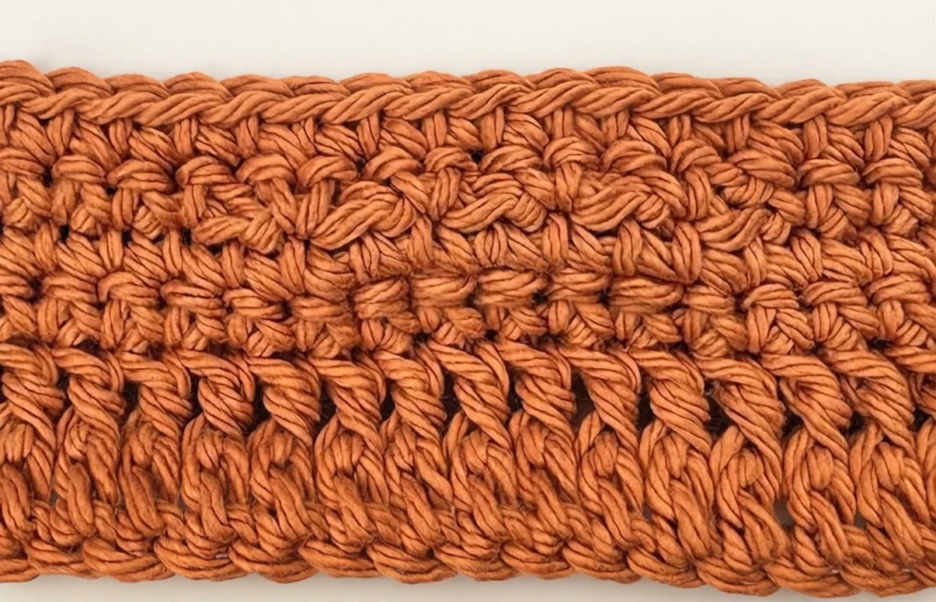 Close-up of a terracotta orange crochet swatch showing horizontal rows of single crochet stitches and raised front post stitches on a plain light background.