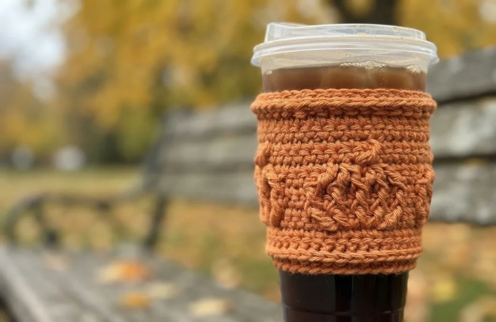 Crocheted orange cotton cup cozy with ribbed bands at the top and bottom and a textured front post stitch panel in the middle, wrapped around a clear plastic cup of iced coffee outdoors, with blurred autumn trees and a bench in the backgrou