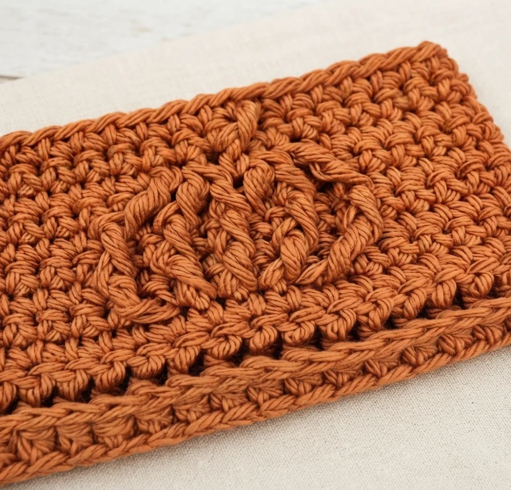 Close-up of an orange crocheted panel with a raised textured motif, lying flat on a pale surface with the starting chain edge visible along the bottom.