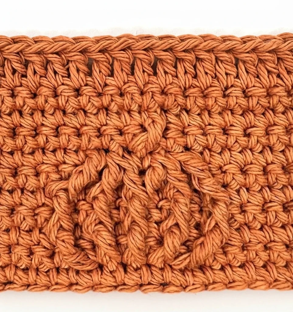 Close-up of orange cotton crochet fabric worked in rows, with a raised front-post stitch motif in the center surrounded by dense single and double crochet texture.