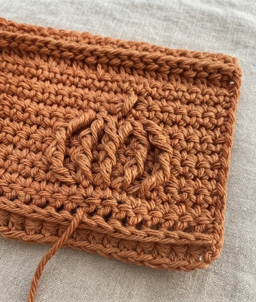 Close-up of a terracotta crocheted swatch with a raised front post stitch pumpkin motif in the center, resting at an angle on a light gray linen surface with a loose yarn tail at the lower left.