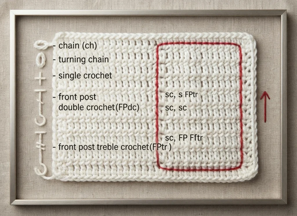 A framed white crochet swatch with a stitch symbol legend at left listing chain, turning chain, single crochet, front post double crochet and front post treble crochet, plus a red outlined section with small text labels and an upward arrow