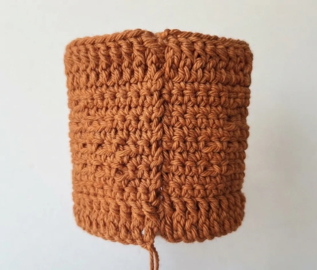 Crocheted rust-orange cup cozy seamed into an open tube and standing upright on a plain white surface, with a loose yarn tail hanging from the bottom edge and a visible vertical seam at the front.
