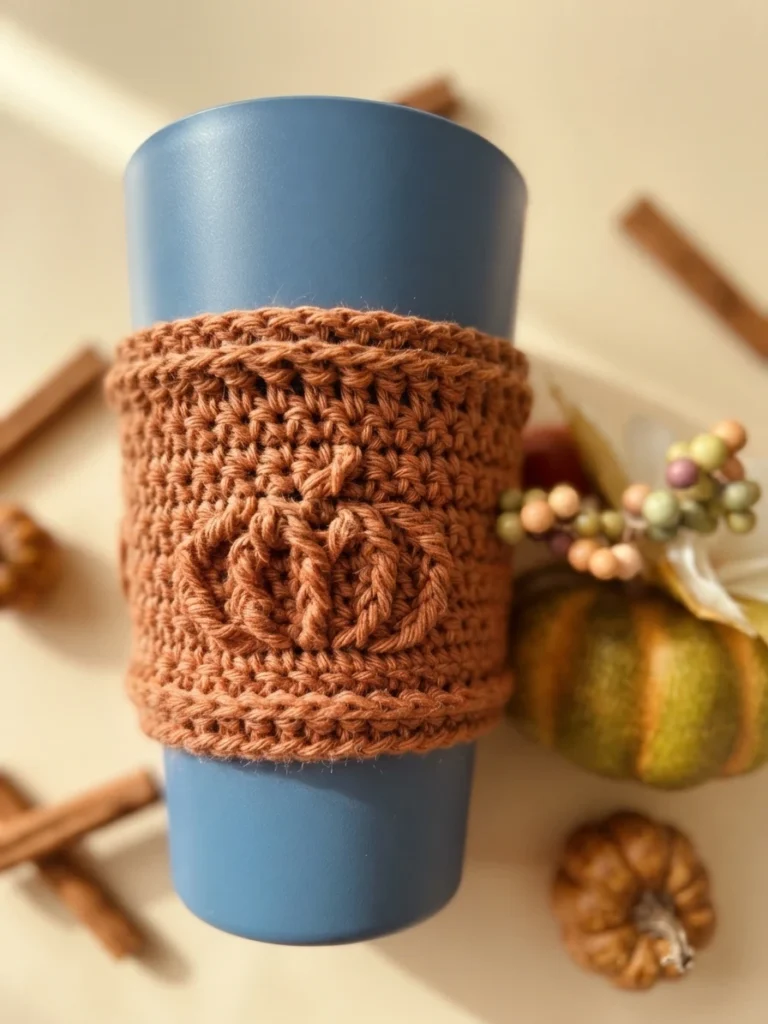 Crocheted brown cup cozy with a raised pumpkin motif wrapped around a blue tumbler, styled on a warm beige surface with cinnamon sticks, a small striped gourd and a dried nut in the background.