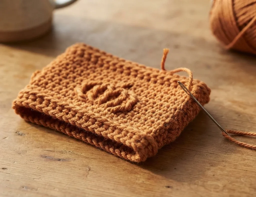 A crocheted light brown cup cozy folded on a wooden table, a tapestry needle and yarn strand attached to its open edge, with a raised textured pumpkin motif on the front and a blurred mug and ball of yarn in the background.