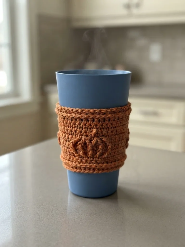 Crocheted orange cotton cup cozy with a textured pumpkin motif wrapped around a blue tumbler, with steam rising above the cup on a kitchen counter.