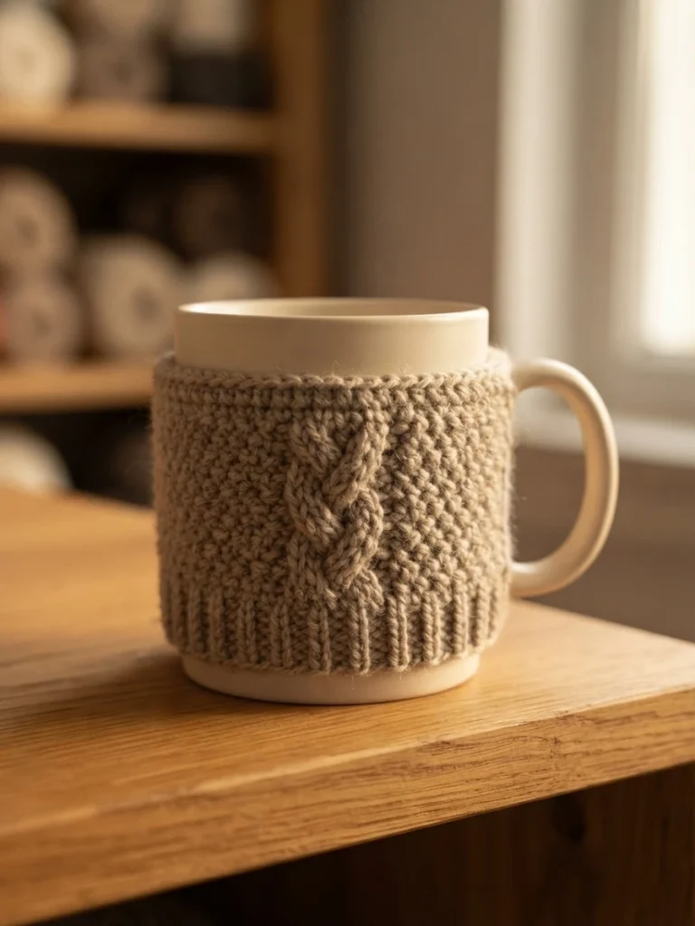 Beige textured crochet mug cozy with a raised cable motif wrapped around a white ceramic mug with a handle, standing on a wooden table with blurred shelves and a bright window in the background