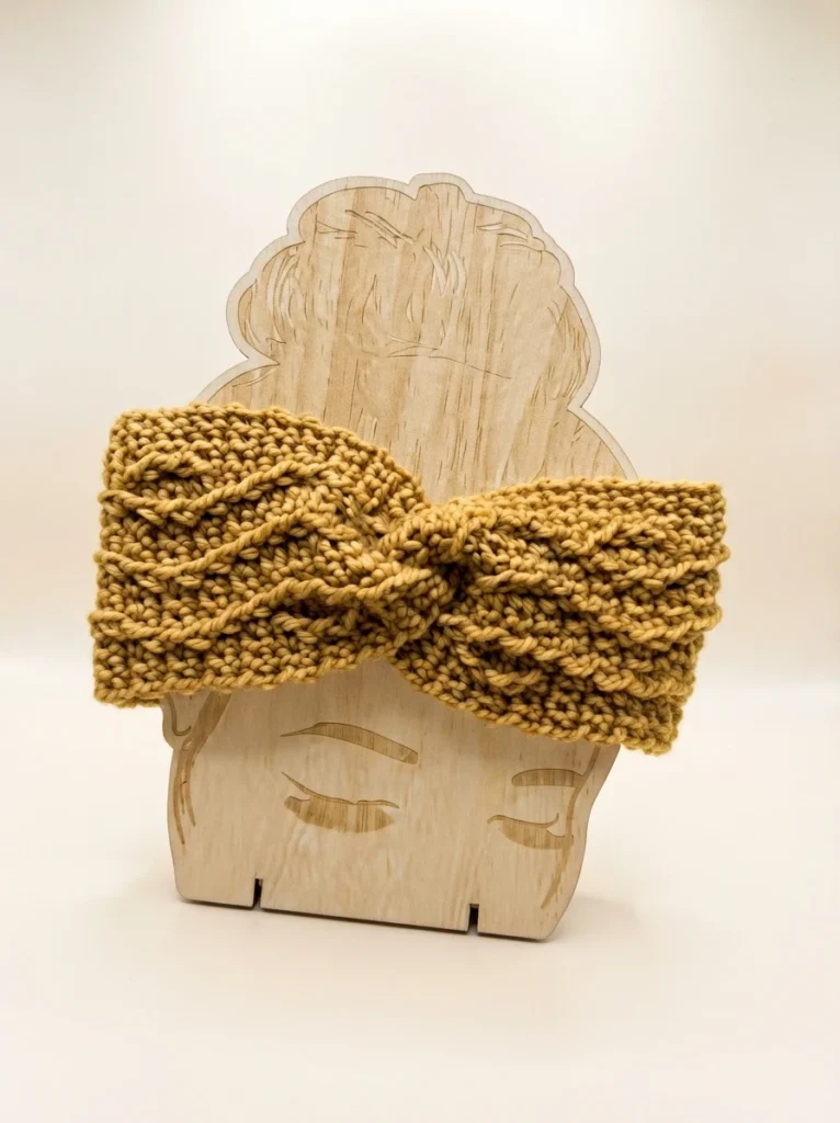 Crochet headband in mustard yellow with a twisted cable-weave texture and a crossed knot at the front, displayed on a light wooden head-shaped stand against a plain pale background.