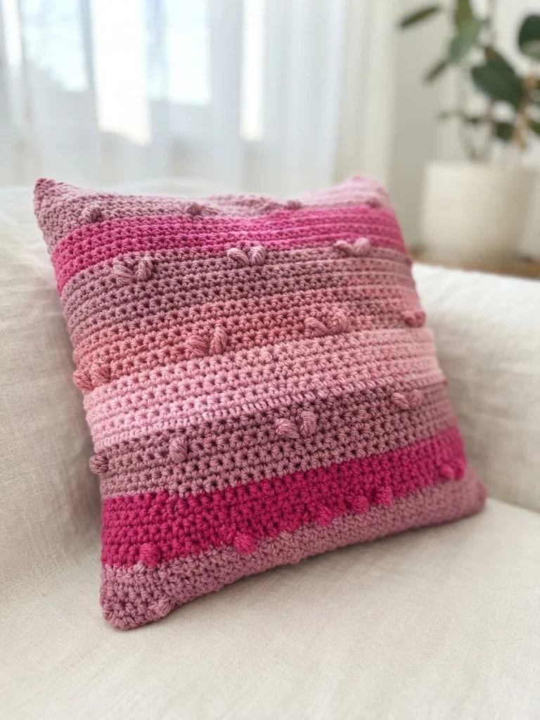 A pink crochet pillow with rows of raised bobble stitches in gradient stripes of pale pink and magenta, resting on a light sofa in front of a window