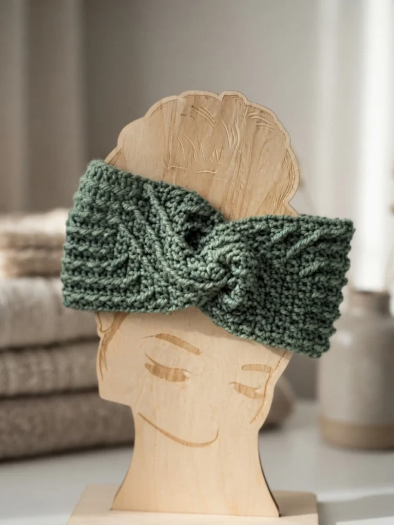 Green textured crochet headband with a twisted front, displayed on a carved wooden mannequin head, with folded towels blurred in the background