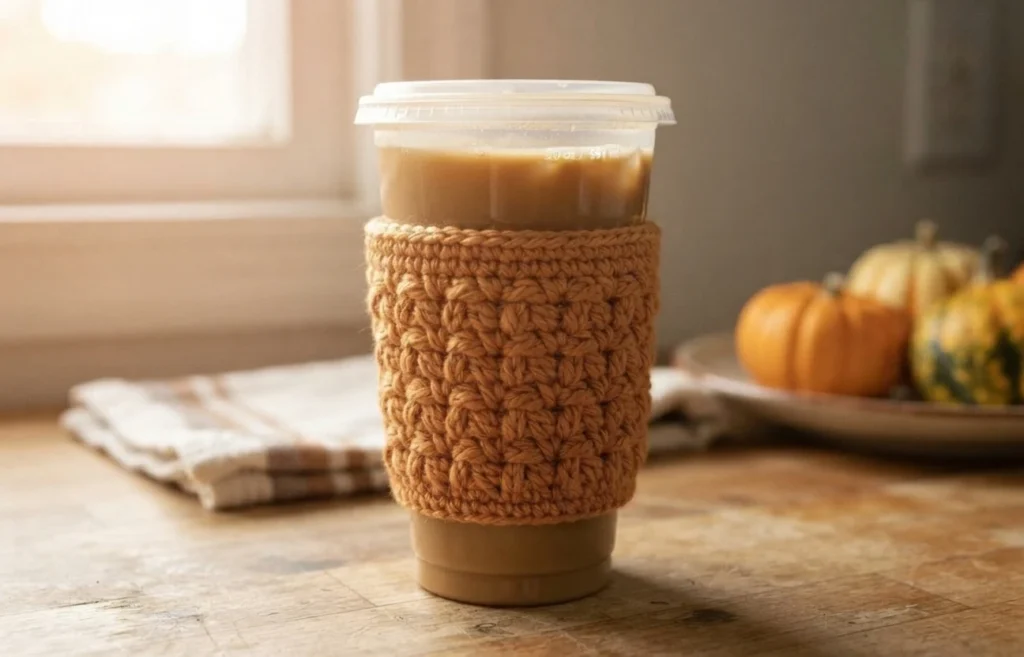 A tan crocheted cup cozy with a textured stitch wrapped around a plastic cup of iced coffee on a wooden table, small pumpkins blurred in the background.