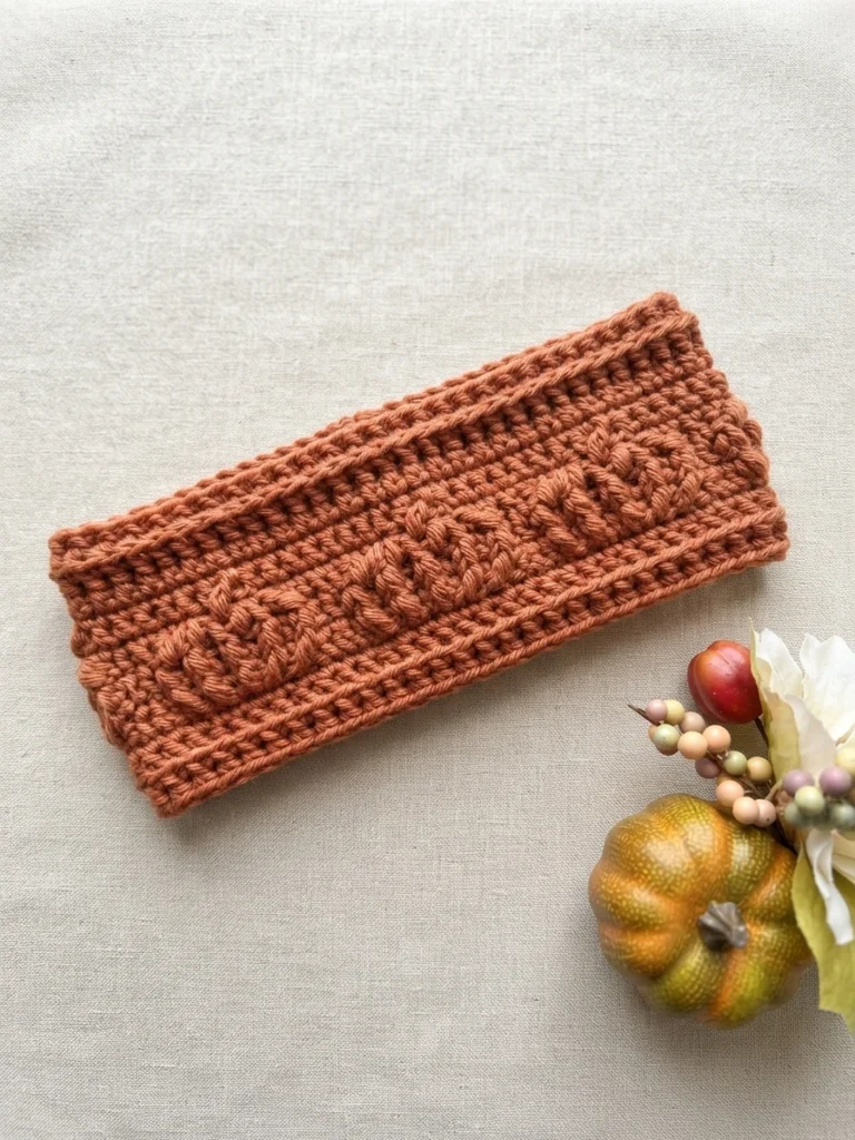 Crocheted terracotta sleeve with a raised pumpkin motif laid flat on a light linen surface, with a small decorative pumpkin and a sprig of berries and flowers at the lower right.