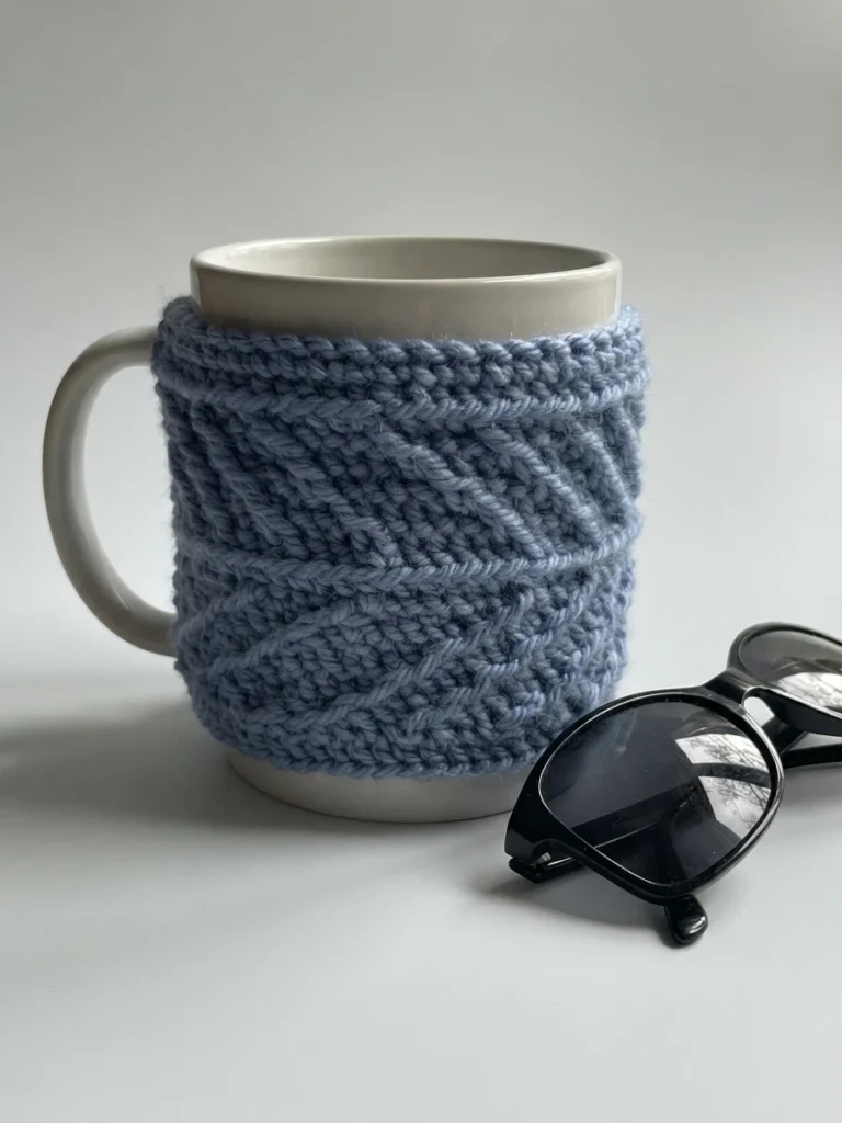 A blue textured crochet cup cozy with diagonal ridge lines wrapped around a white mug, with black sunglasses resting beside it on a plain light surface.