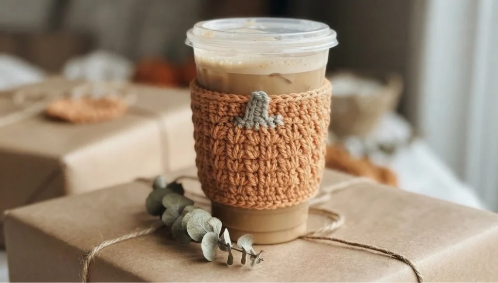 Terracotta crocheted cup cozy with textured front post stitches and a small gray pumpkin applique, wrapped around a takeaway coffee cup with a clear lid, resting on kraft paper gift boxes beside a eucalyptus sprig.