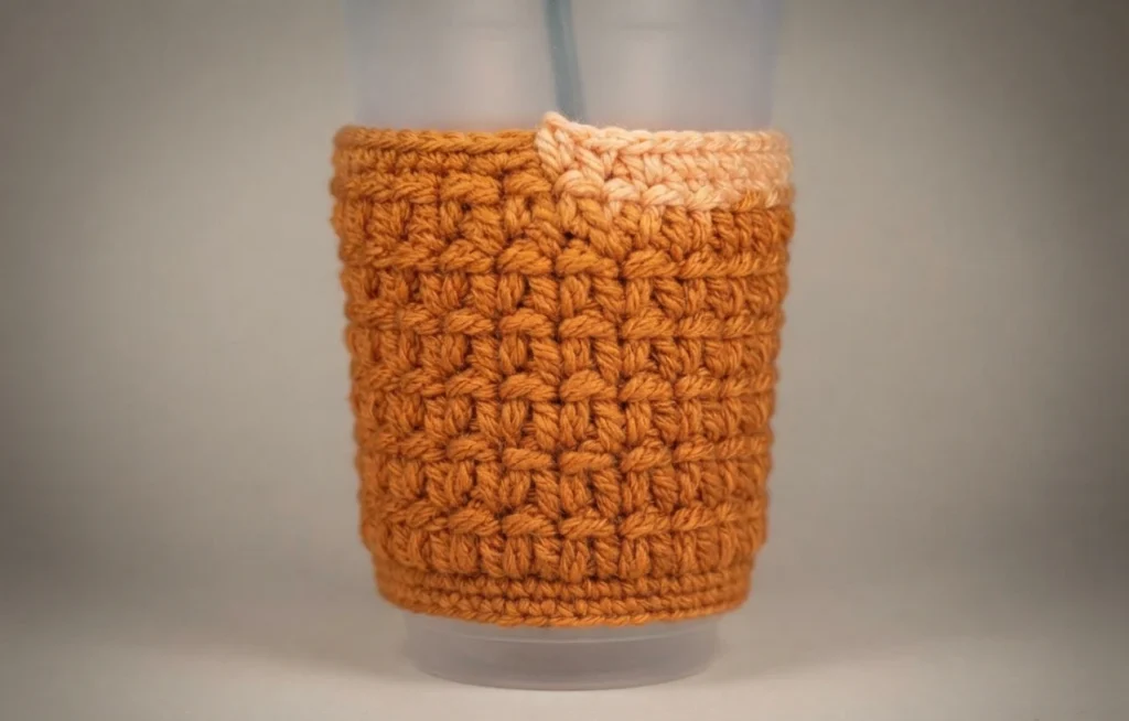 Crocheted orange cup cozy wrapped around a clear plastic cup, with a regular textured stitch pattern and a small pale cream section along the upper right edge, photographed against a plain light background.