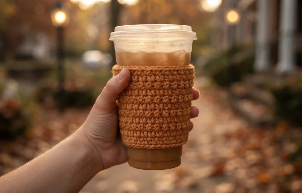 Hand holding a disposable cup with a lid, wrapped in an orange crocheted cup cozy with a textured stitch pattern, against a blurred autumn street background.