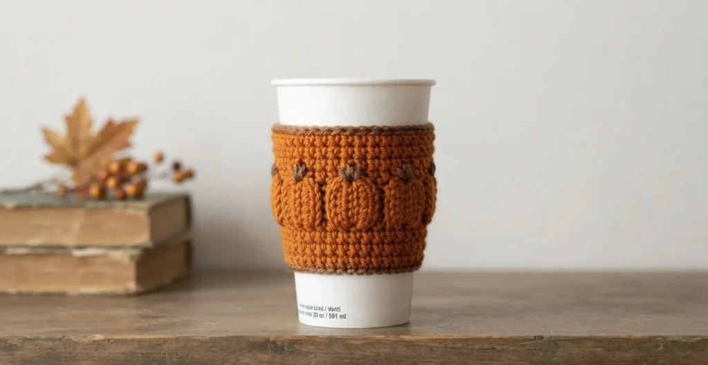 Crocheted orange cup cozy with a textured pumpkin motif wrapped around a white paper cup, standing on a wooden table with stacked old books, dried leaves and berries in the background.