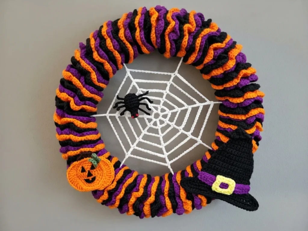 Crocheted Halloween wreath with black, purple and orange striped spirals wrapped around a ring, decorated with a white crocheted spider web, a small black spider, an orange jack-o-lantern and a black witch hat with a purple band and yellow