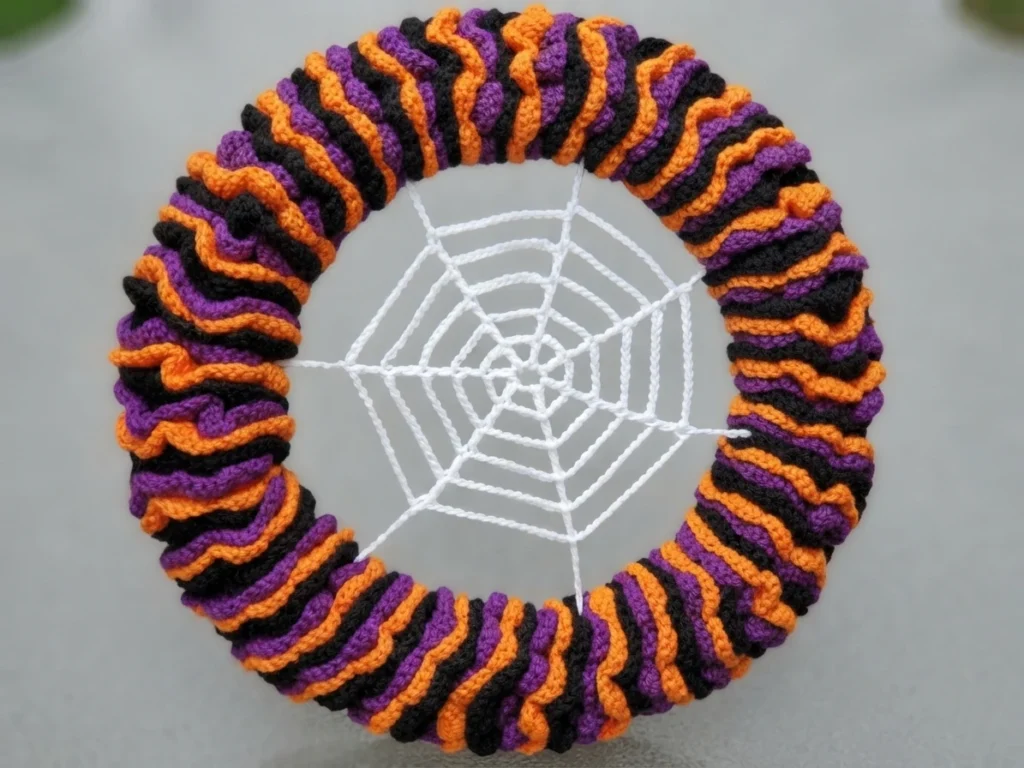 Crocheted Halloween wreath with ruffled black, purple and orange spirals wrapped around a wire frame and a white crocheted spiderweb stretched across the center opening.