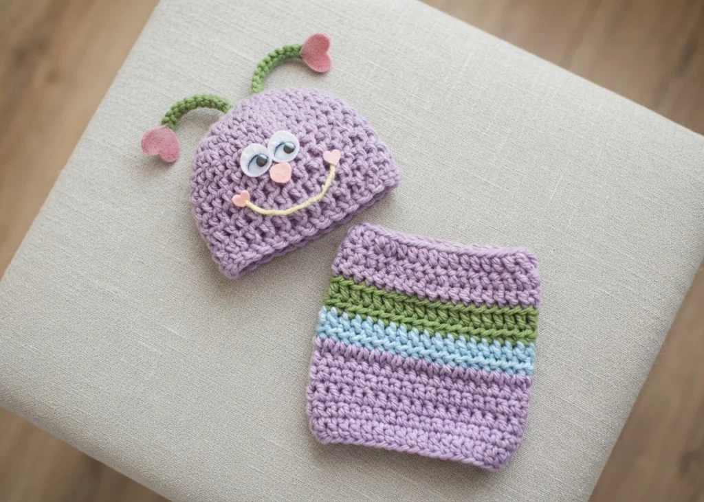 Lavender crochet love bug hat with green antennae, googly eyes and pink heart details beside a striped purple, green and blue cocoon on a beige cushion
