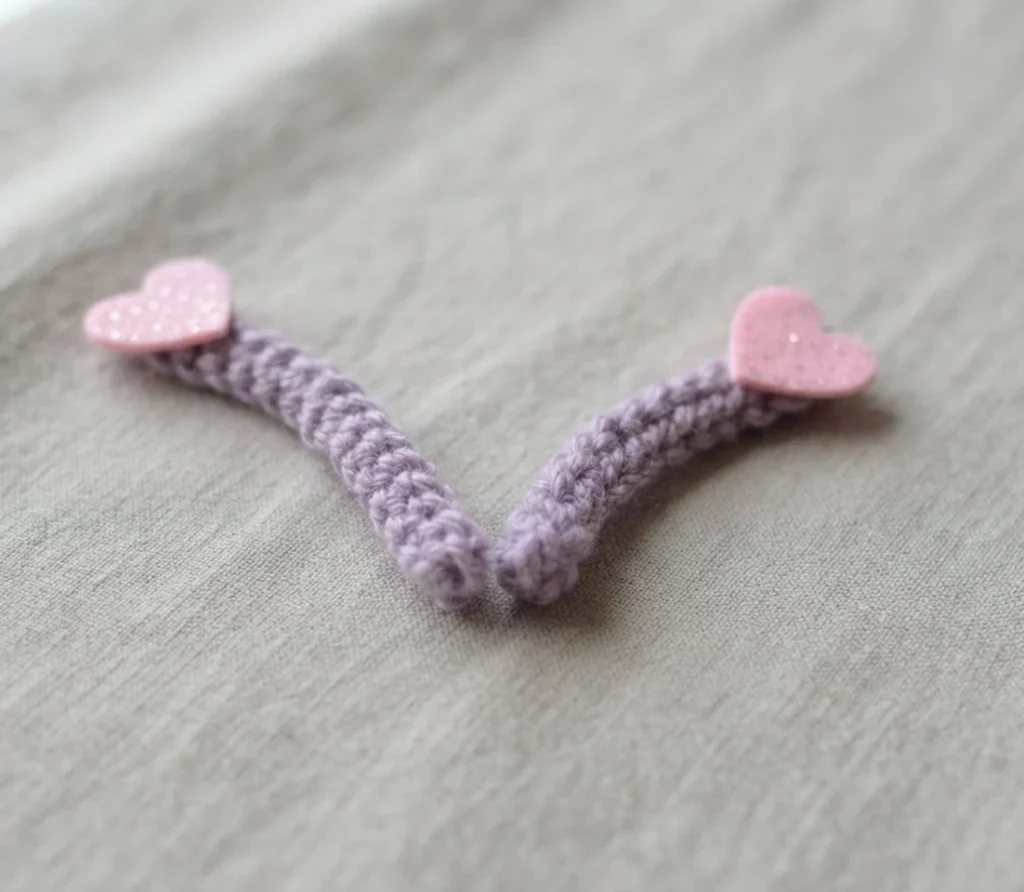 Two lavender crocheted antennae with pink heart tips lying on light fabric