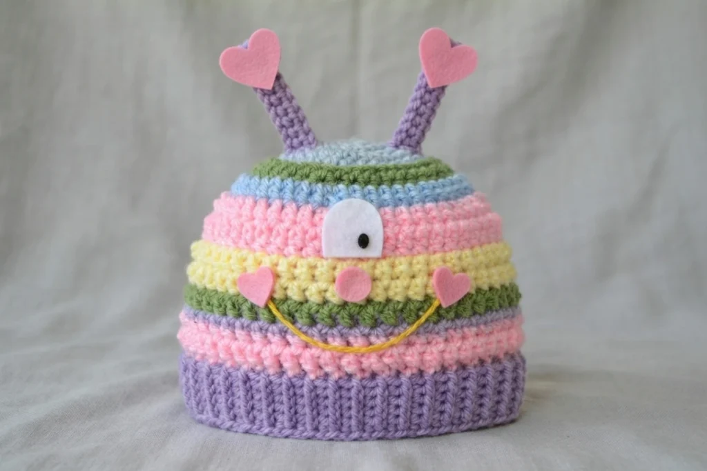 Striped crochet newborn hat with purple antennae tipped with pink felt hearts, one white felt eye, pink nose and yellow stitched smile with pink hearts