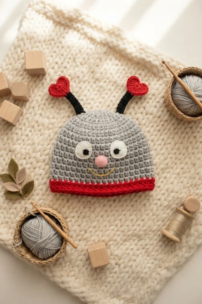Crocheted gray and red love bug baby hat with black antennae topped by red hearts, felt eyes and pink nose, laid flat on a cream knit blanket beside yarn balls, crochet hooks and wooden blocks.