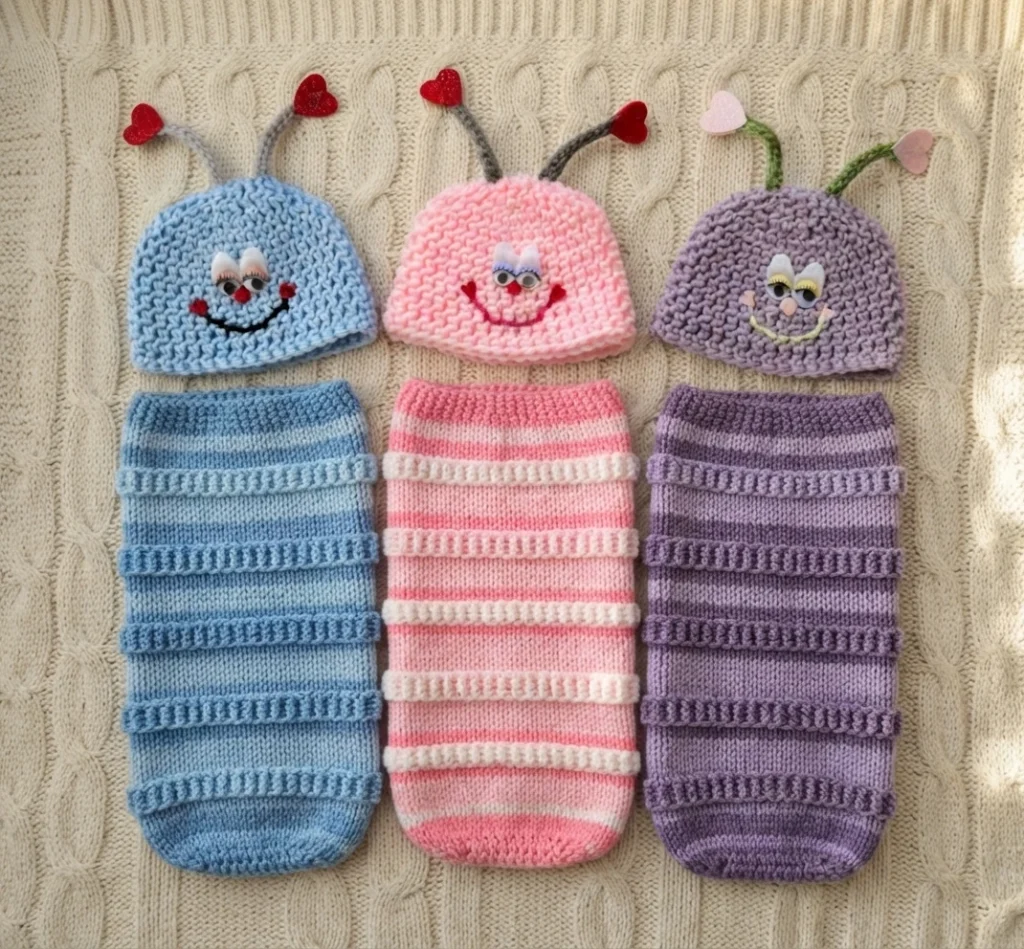 Three crocheted love bug hats in blue, pink and purple with heart-tipped antennae, googly eyes and smiling faces, each paired with a matching striped cocoon, arranged on a cream knitted background.