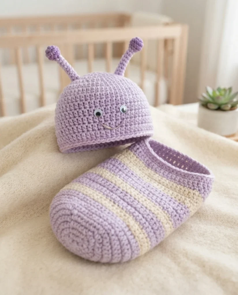 Lavender crocheted love bug newborn hat with antennae and googly eyes beside a striped lavender and cream cocoon resting on a blanket.