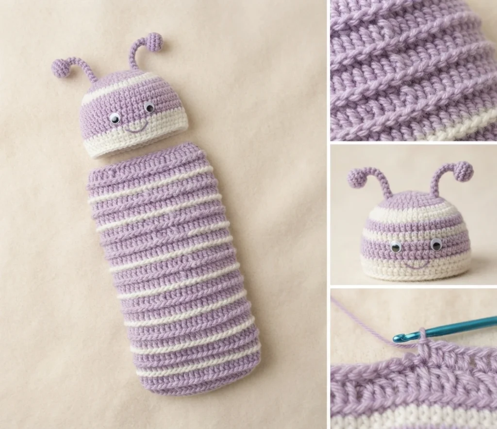 Collage showing a lavender and cream striped crocheted cocoon, a matching love bug hat with antennae, googly eyes and a smile, a close-up of the stitch texture, and a teal crochet hook working lavender stitches