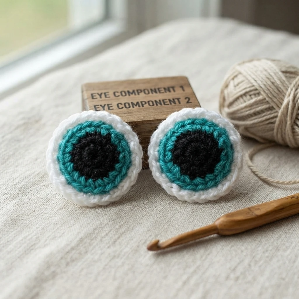 Deux yeux de hibou crochetés, avec un centre noir, un anneau turquoise et un contour blanc, posés sur une table avec une pelote et un crochet.