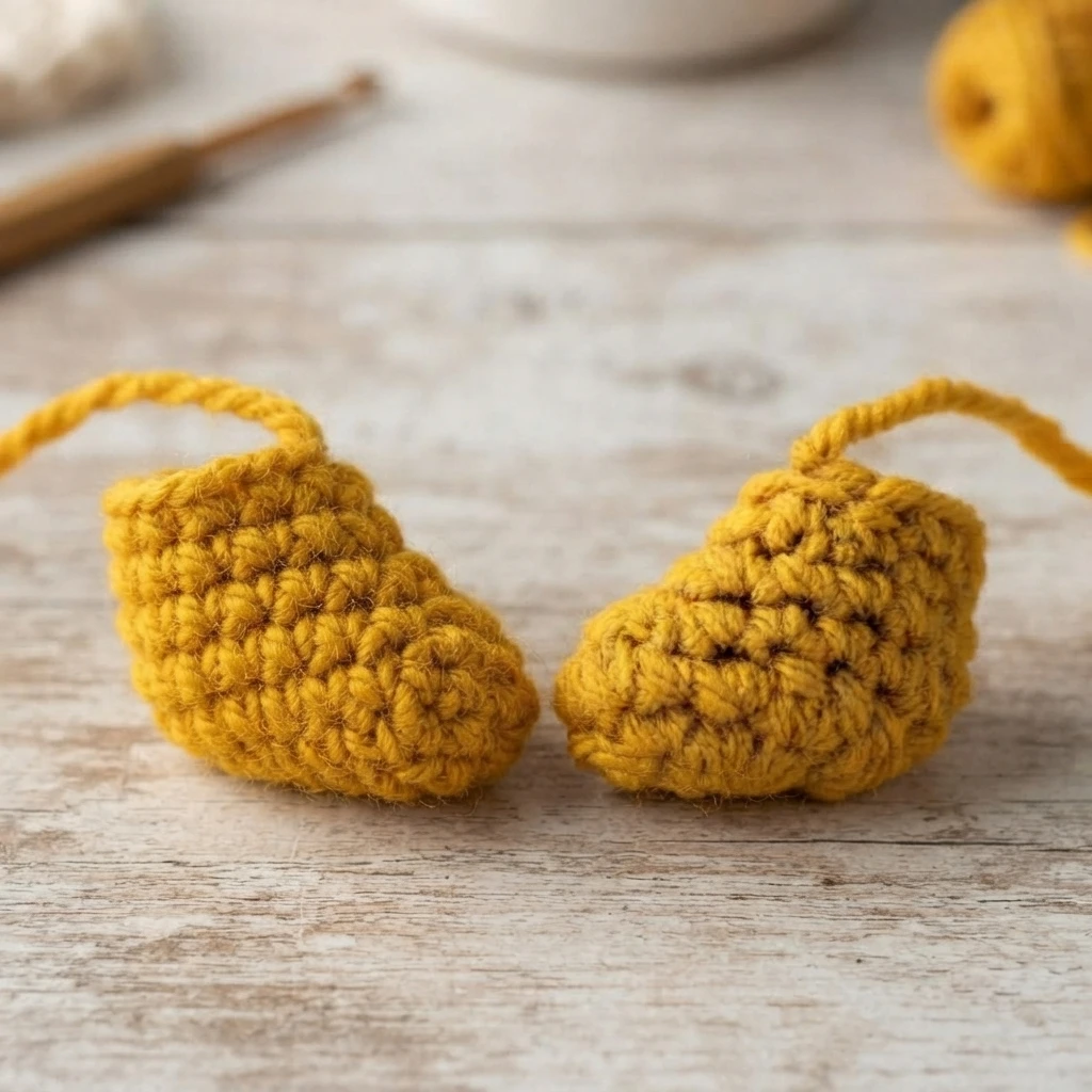 Two mustard-yellow crocheted feet with yarn tails resting side by side on a wooden surface.